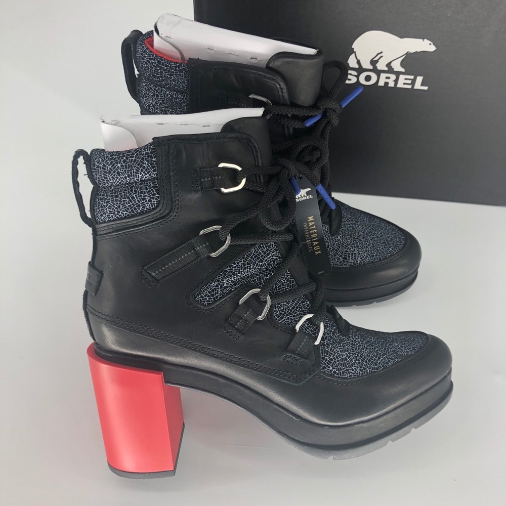 SOREL NWT BLACK LACE SHATTER BOOTIE BLACK RED - Picture 4 of 10